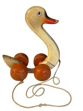 Vintage Wooden Pull Toy Duck Four Wheel Orange Wood Toy Nursery Decor
